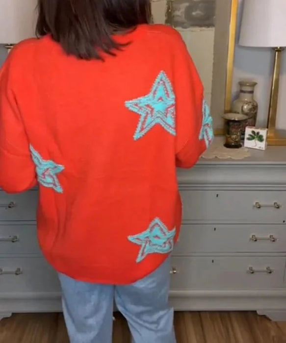 Turquoise Star Design Knitted Sweater