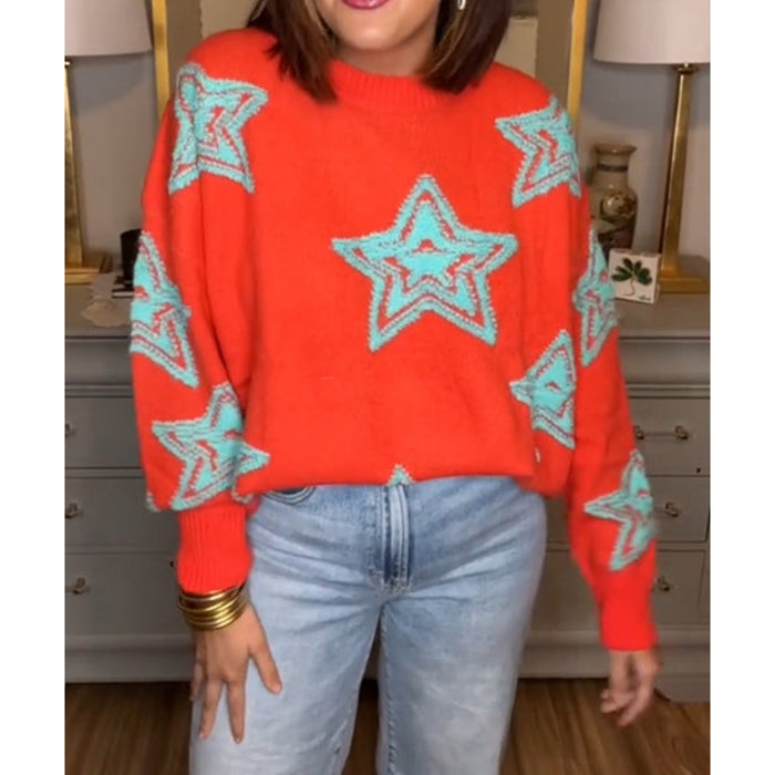 Turquoise Star Design Knitted Sweater