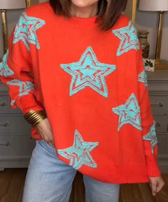 Turquoise Star Design Knitted Sweater