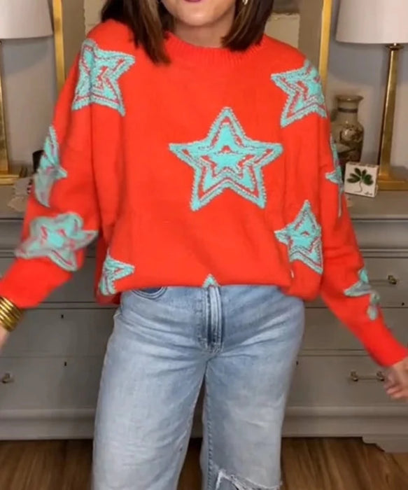 Turquoise Star Design Knitted Sweater